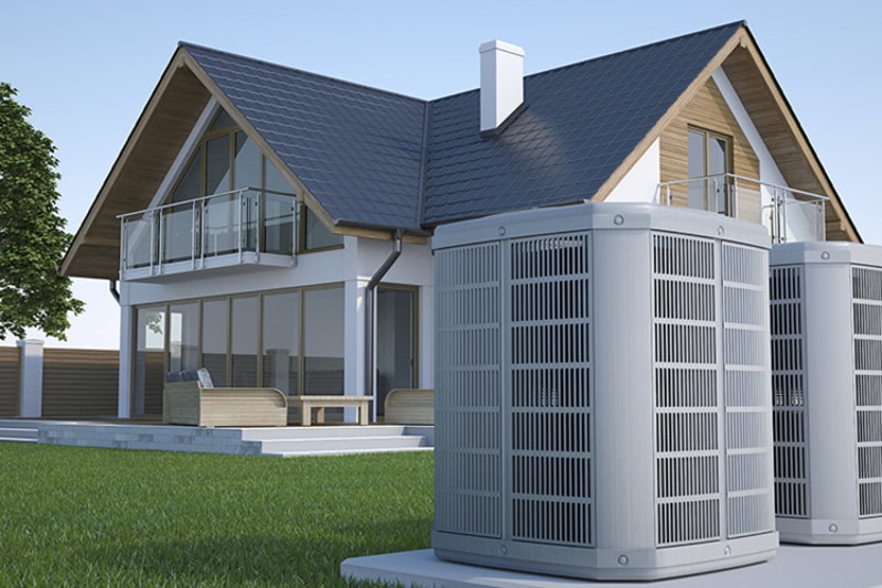 Celebrate Summer With an Air Conditioning Tune-up. Air heat pump and house.